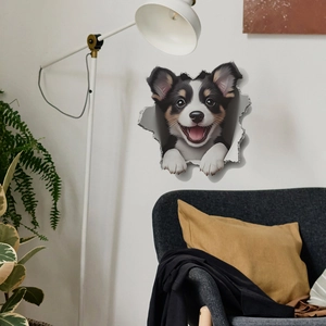 3D broken wall decal with cute puppy emerging from wall for home living room decor