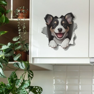 3D cracked wall decal featuring a cute tri-color puppy for home wall decoration