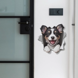 3D realistic wall sticker featuring a cute puppy bursting through a white wall background