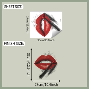 Detailed size chart for red lips wall sticker showing 29x35cm sheet and 33x27cm finish size