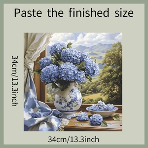 Detail of blue hydrangea wall sticker in porcelain vase with 34cm finished size specs