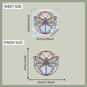 Detailed sheet and finish size specifications for colorful dragonfly window stickers
