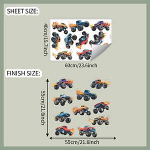Detail showing cartoon monster truck wall decal sheet dimensions and finish size