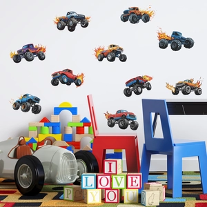 Monster truck wall decals set with colorful cartoon off-road cars for kids bedroom decor