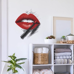 Artistic red lips and makeup brush wall decal for bedroom or living room decoration