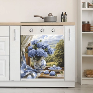 Magnetic dishwasher cover with blue hydrangea oil painting design in a cozy kitchen