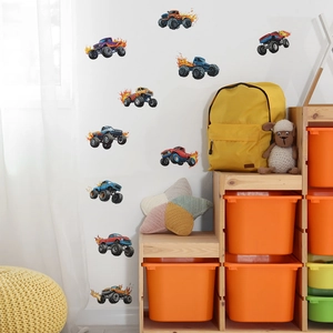 Dynamic monster truck wall decals with colorful flame designs for kids room decor