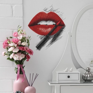 Artistic red lips wall sticker with black lipstick brush for bedroom decor