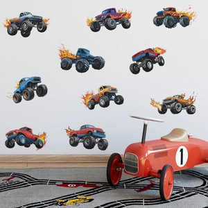 Monster truck wall stickers set with 10 colorful designs for kids room wall decoration
