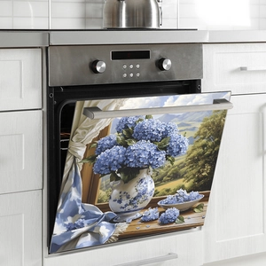Self-adhesive blue hydrangea floral wall sticker for kitchen oven and home decoration