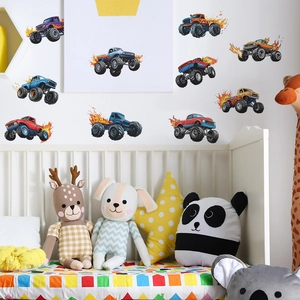 Monster Truck Wall Decals Cartoon Flame Off Road Vehicle Wall Stickers Waterproof PVC For Kids Boys Room Bedroom Decor