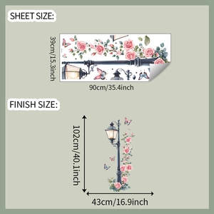Wall sticker set with street lamp and rose patterns, showing sheet and finish dimensions