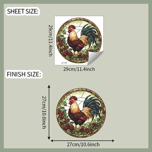 Detail of colorful round rooster stained glass window decal showing 27cm finish size