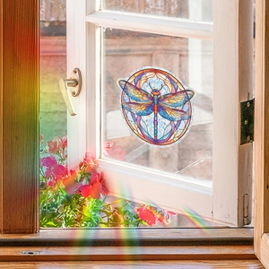 Rainbow prism dragonfly window sticker with colorful suncatcher effect on glass