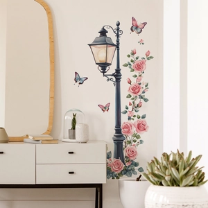 Rose Street Lamp Wall Sticker PVC DIY Floral Butterfly Decals For Living Room Bedroom Home Decor Removable Wall Art