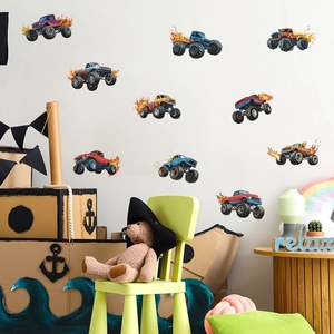 Colorful monster truck wall decals with flame designs for kids' bedroom decoration