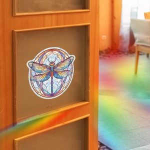Colorful stained glass dragonfly window sticker with rainbow light refraction effect