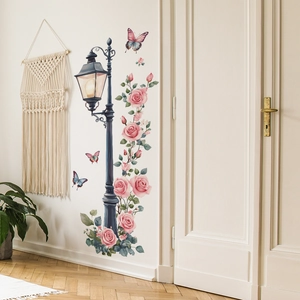 Creative street lamp and pink rose wall sticker decor for living room bedroom