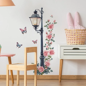 Creative street lamp and pink rose wall sticker with butterflies for home decoration