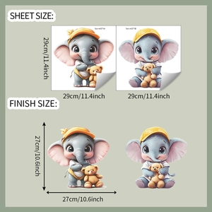 Detail view of cartoon elephant wall stickers with sheet and finish size dimensions