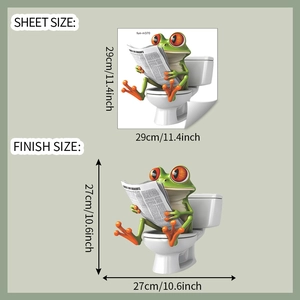 Detailed size comparison for cute 3D frog reading newspaper on toilet wall decal
