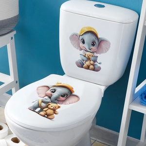 Cartoon Elephant And Bear Toilet Sticker Waterproof Self Adhesive Bathroom Decoration PVC Decal For Toilet Lid And Tank