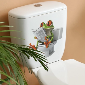 3D cartoon red-eyed tree frog reading newspaper toilet sticker for bathroom decor