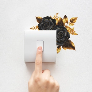Elegant black rose wall sticker with gold edges for light switch decoration in bedroom