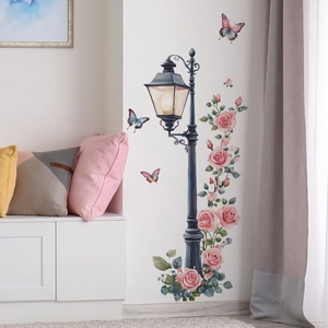 Romantic pink rose flowers and vintage street lamp wall stickers for home decor