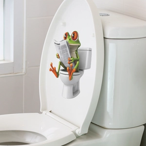 3D realistic green frog reading newspaper on toilet sticker for bathroom decor