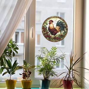 Colorful rooster suncatcher decal for windows with stained glass effect and berry patterns