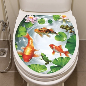 Detailed 3D pond scene on a toilet lid featuring colorful koi fish and pink lotus flower