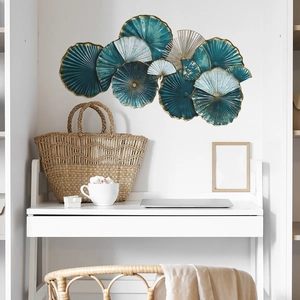 Modern 3D flower wall art decor with green and gold leaf patterns for living room