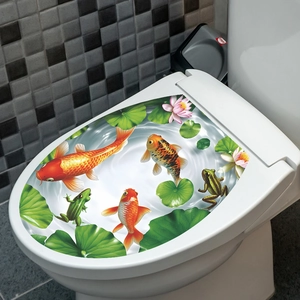 Detail of 3D koi pond toilet lid sticker with colorful fish, frogs and pink lotus