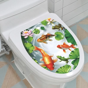 Detailed view of a 3D koi pond decorative toilet seat sticker with lotus flowers and frogs