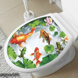 3D lotus pond toilet lid sticker featuring koi fish and frogs for bathroom decor