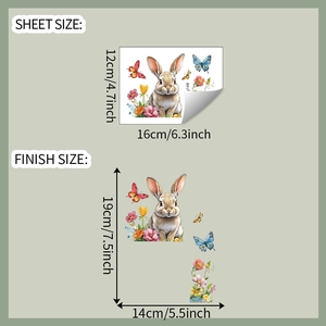 Detailed wall sticker dimensions showing a cute brown rabbit with flowers and butterflies
