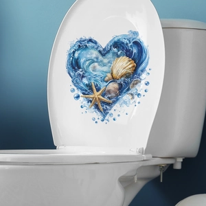 Self-adhesive toilet lid sticker with heart-shaped ocean waves, shells and starfish
