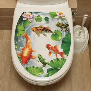 3D lotus pond toilet lid sticker with koi fish and water lilies bathroom wall decal