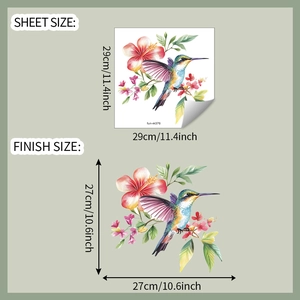 Detail of colorful hummingbird and flower wall sticker with sheet and finish size dimensions