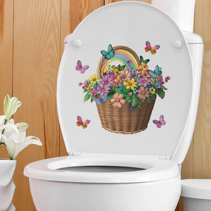 Floral basket and butterfly toilet seat stickers for bathroom home wall decoration