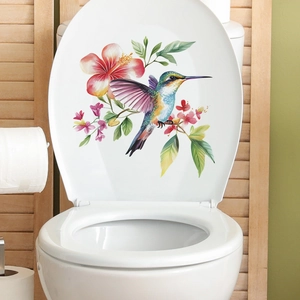 Hummingbird And Hibiscus Flower Toilet Sticker PVC Self-Adhesive Bathroom Lid Decal Watercolor Painted Wall Art For Home Decoration