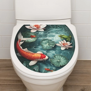 Detailed view of waterproof PVC toilet lid sticker with 3D koi fish and lotus pond design