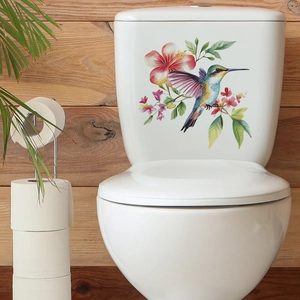 Vibrant hummingbird and pink hibiscus flower self-adhesive wall sticker for bathroom decor