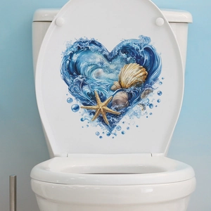Ocean Undersea World Heart Shape Toilet Sticker Waterproof PVC Shell Starfish Wave Pattern Decal For Bathroom Home Decor
