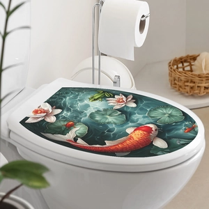 Detailed view of waterproof koi carp and lotus pond sticker on a white toilet lid