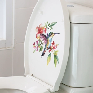 Self-adhesive floral toilet sticker with colorful hummingbird and hibiscus for bathroom decor