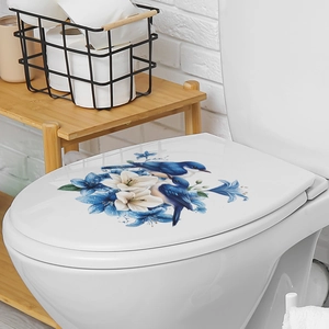 Sticker pour abattant de WC avec mésange bleue et fleurs de lys au style champêtre