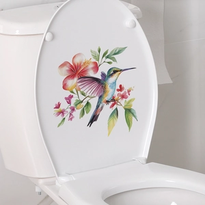 Colorful hummingbird and red hibiscus flower self-adhesive watercolor bathroom toilet sticker