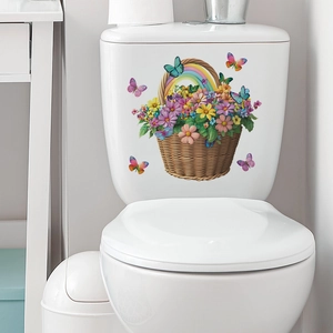 Floral basket and rainbow toilet sticker decal for bathroom wall and home decoration